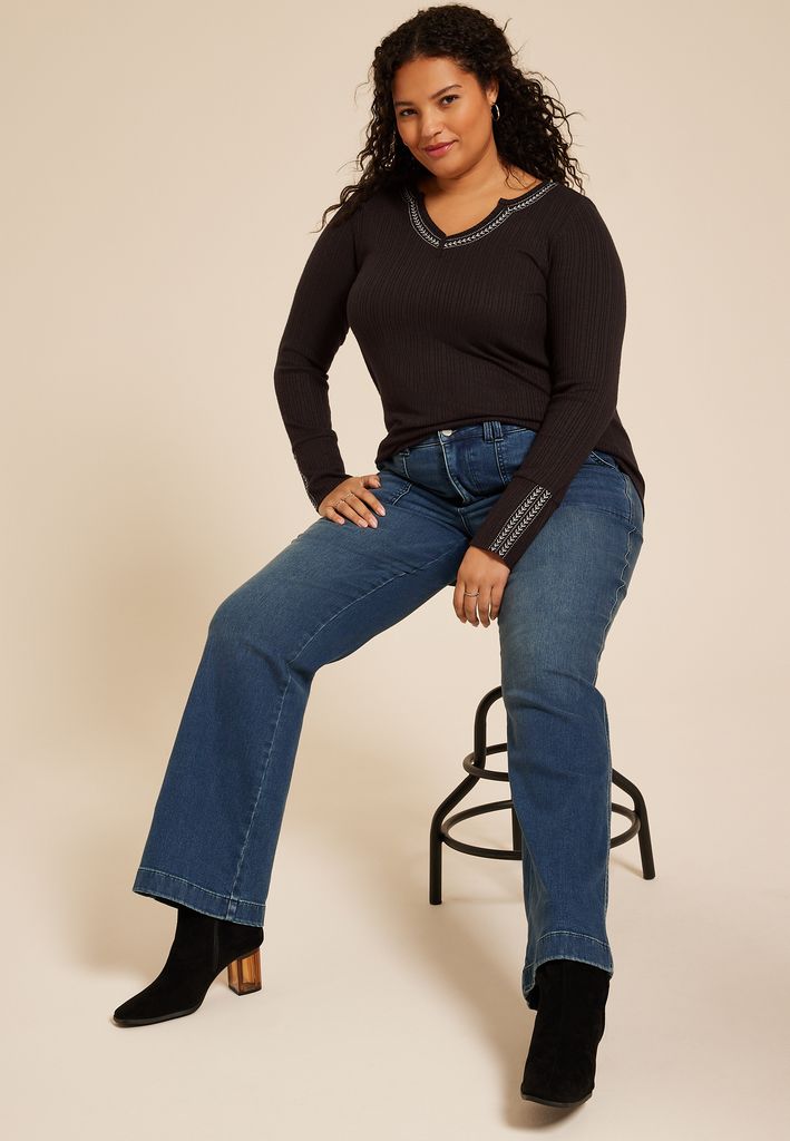 Plus Size Embroidered Notch Neck Ribbed Long Sleeve Tee - Image 3