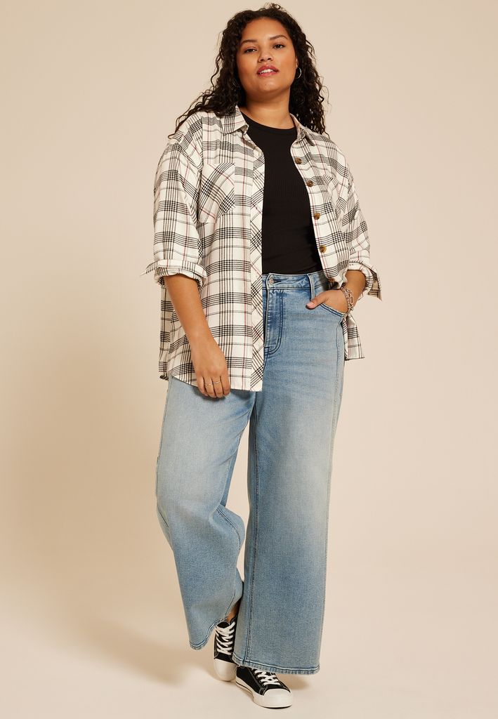 Plus Size Plaid Boyfriend Button Down Shirt - Image 3