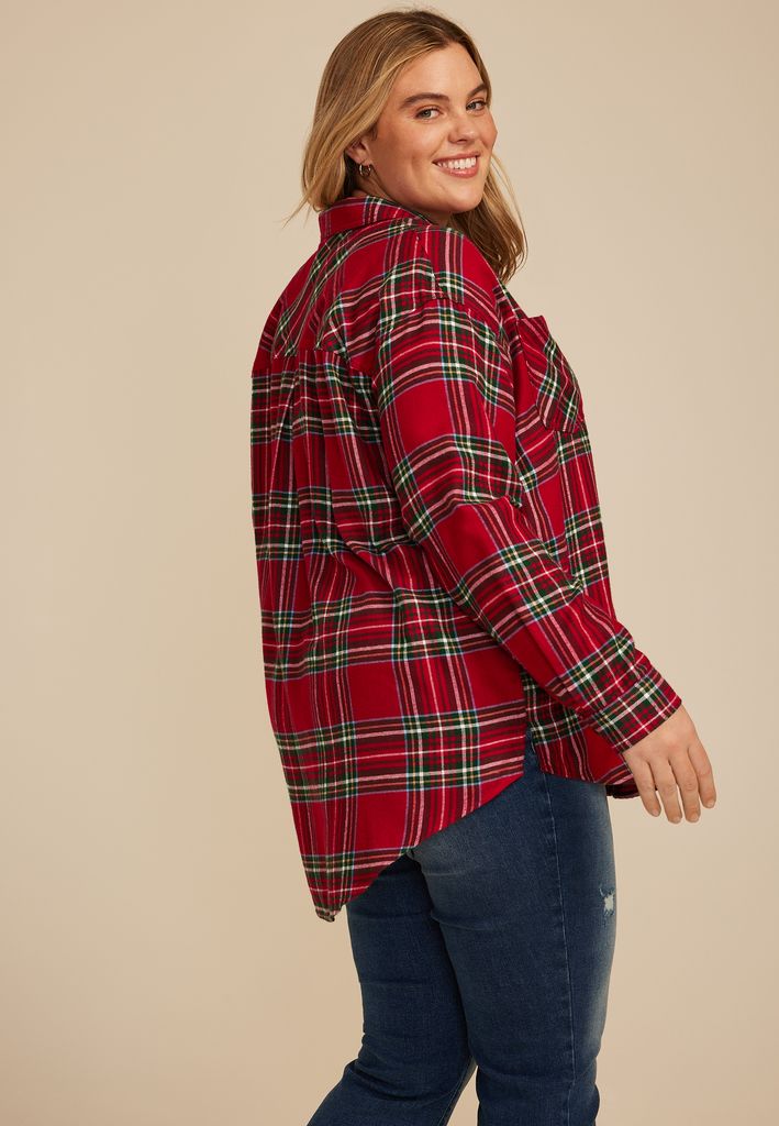 Plus Size Plaid Boyfriend Tunic Button Down Shirt - Image 2