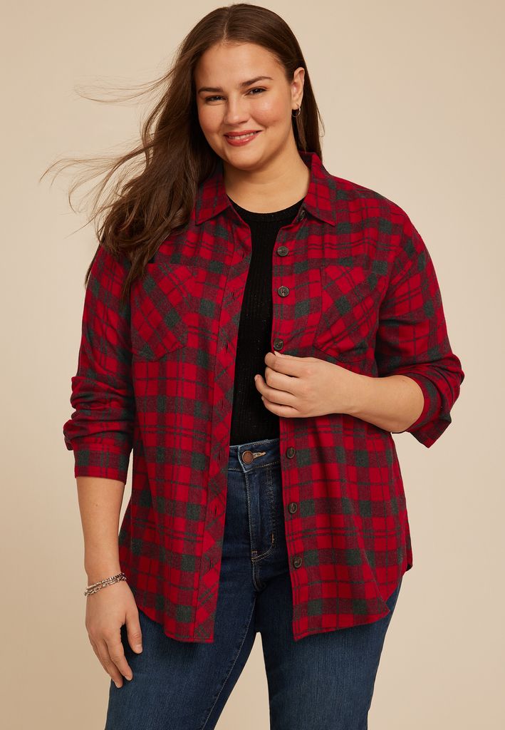 Plus Size Plaid Boyfriend Tunic Button Down Shirt - Image 3