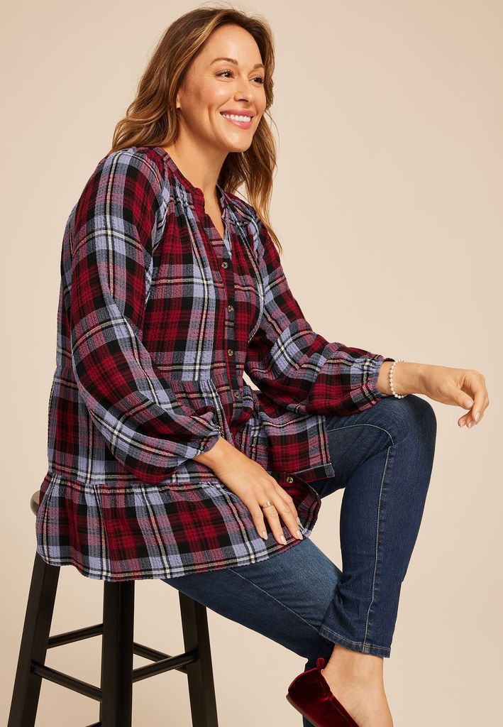 Plus Size Plaid Tiered Button Front Blouse - Image 3