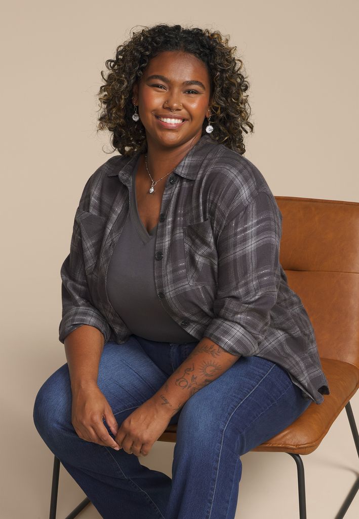 Plus Size Metallic Plaid Boyfriend Tunic Button Down Shirt - Image 3