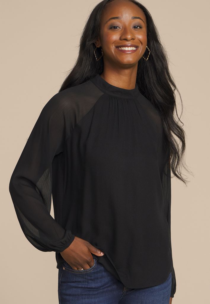 Mock Neck Long Sheer Sleeve Blouse