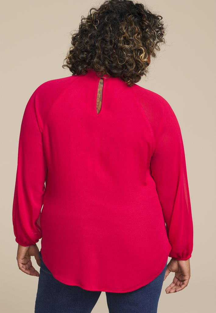 Plus Size Mock Neck Long Sheer Sleeve Blouse - Image 2