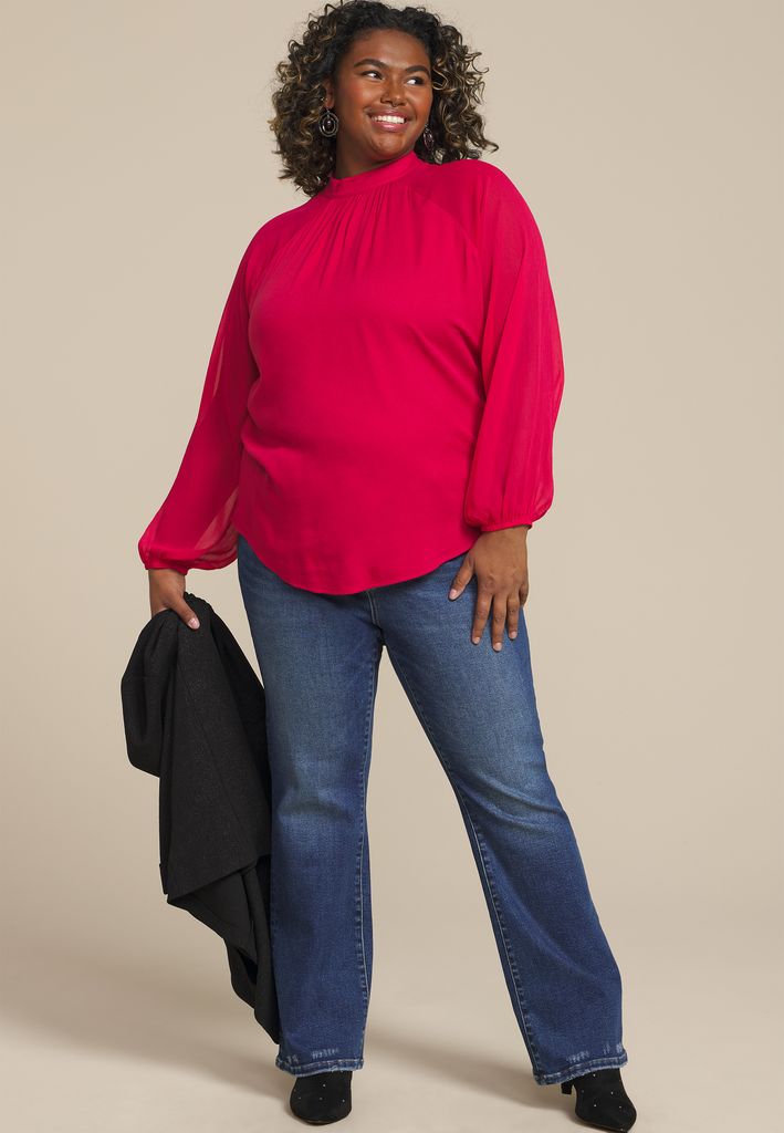Plus Size Mock Neck Long Sheer Sleeve Blouse - Image 3