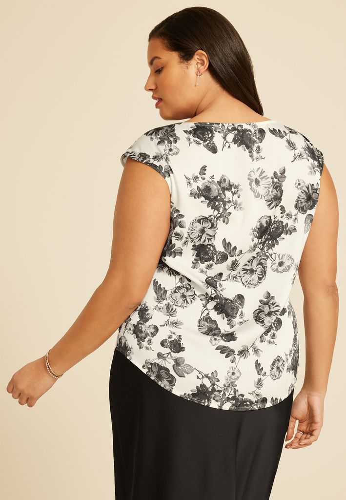 Plus Size Floral Satin Cowl Neck Blouse - Image 2