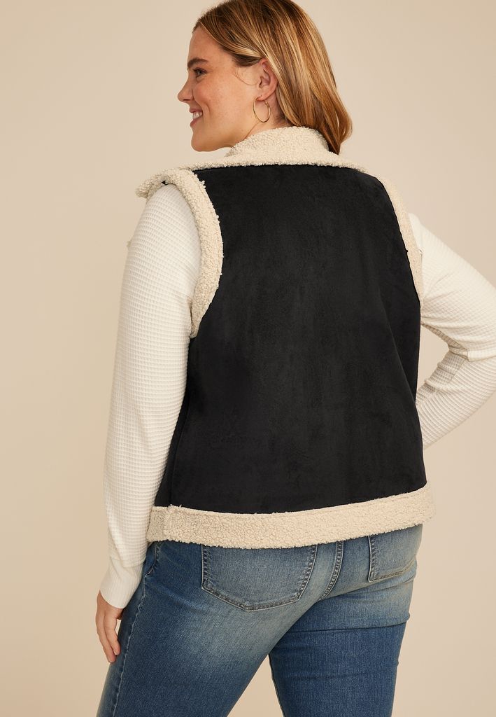 Plus Size Faux Suede Bonded Shearling Vest - Image 2