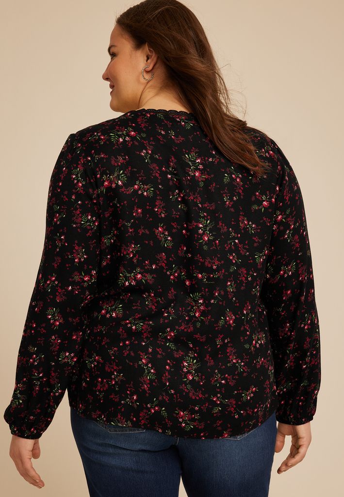 Plus Size Floral V Neck Lace Button Front Blouse - Image 2