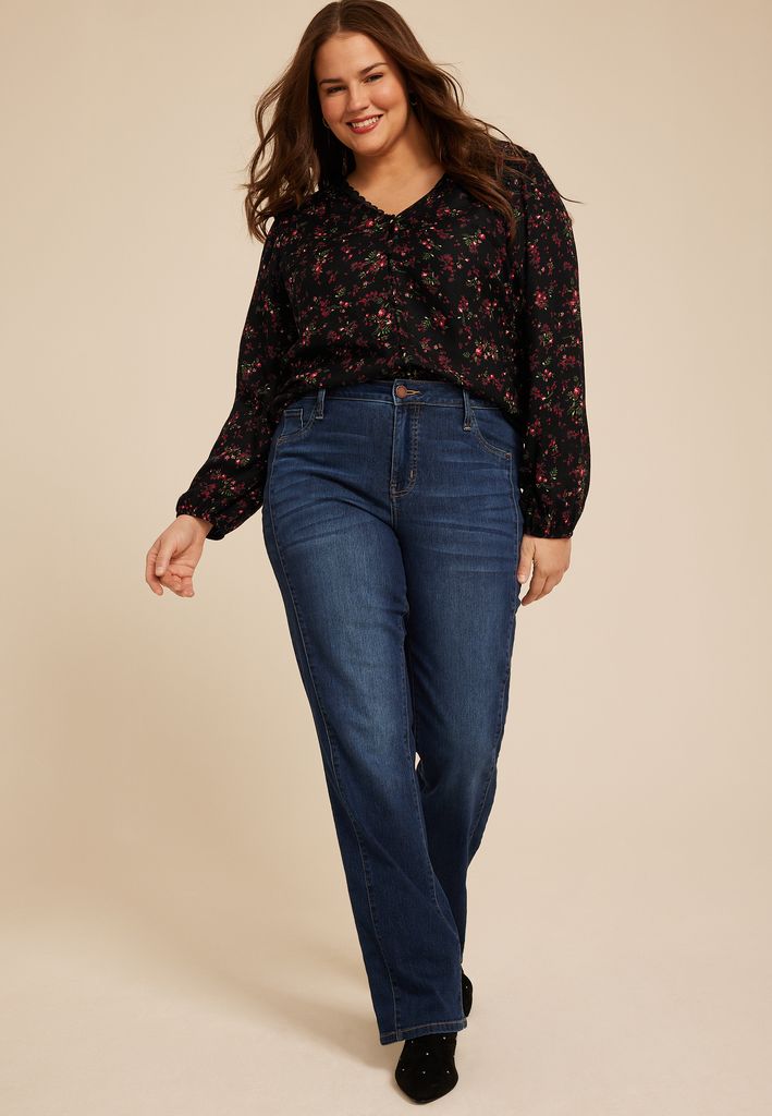 Plus Size Floral V Neck Lace Button Front Blouse - Image 3