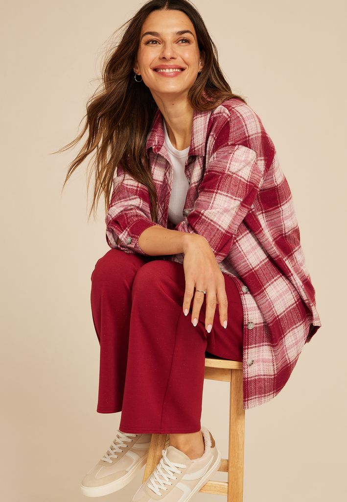 Plush Knit Plaid Boyfriend Button Down Shirt - Image 3