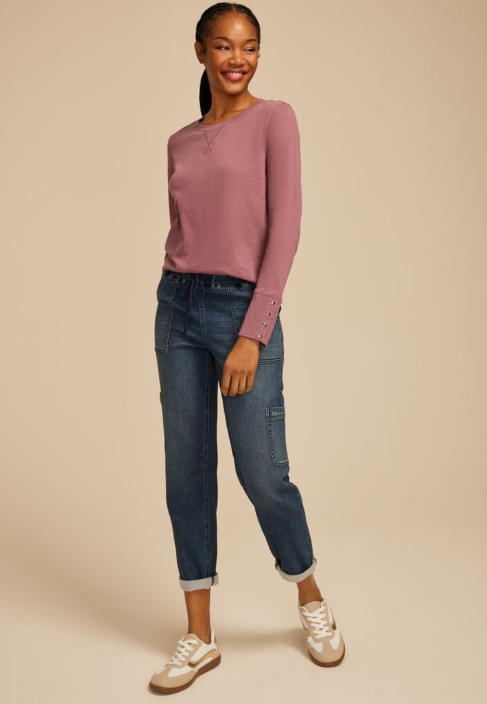 Solid Long Sleeve Snap Button Cuff Top - Image 3