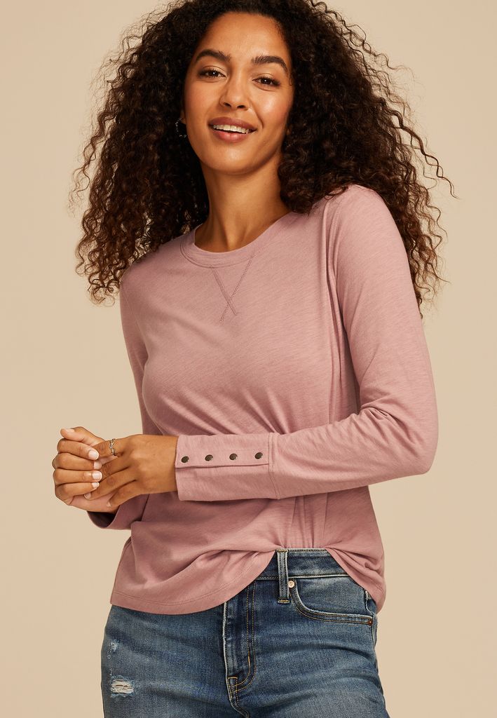 Solid Long Sleeve Snap Button Cuff Top