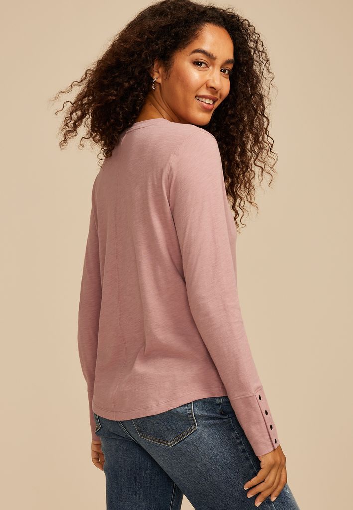 Solid Long Sleeve Snap Button Cuff Top - Image 2