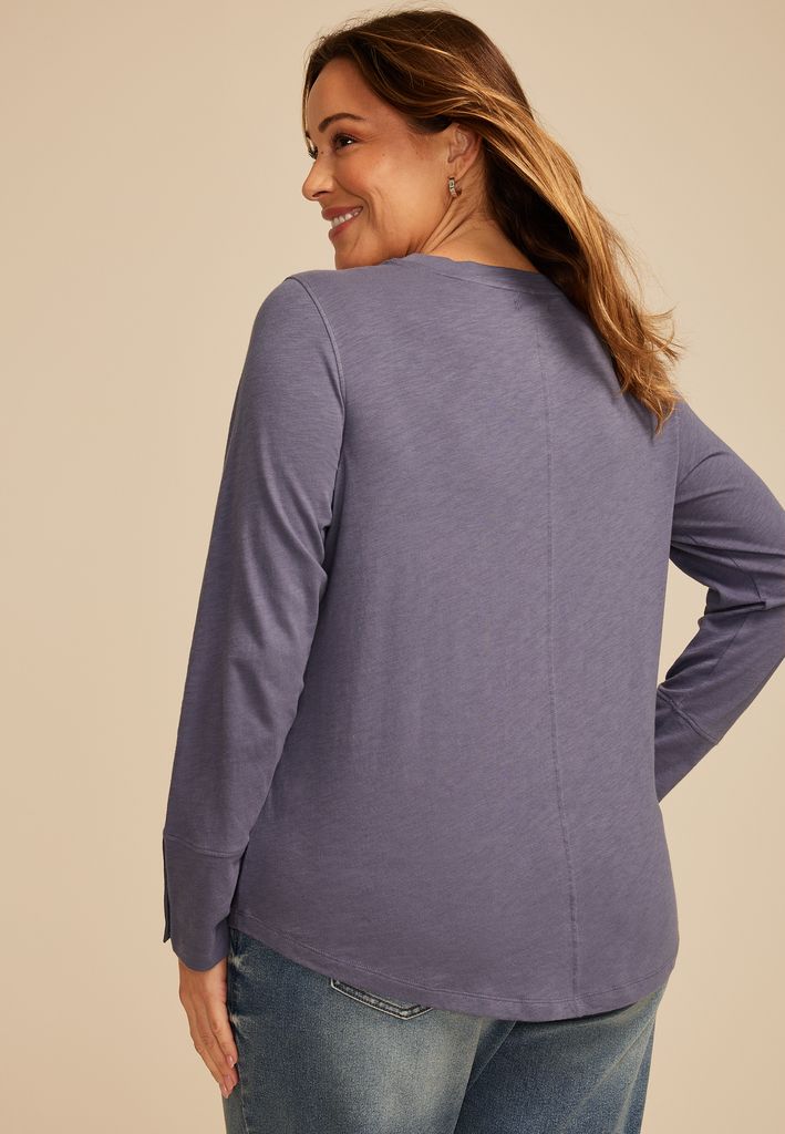 Plus Size Solid Long Sleeve Snap Button Cuff Top - Image 2