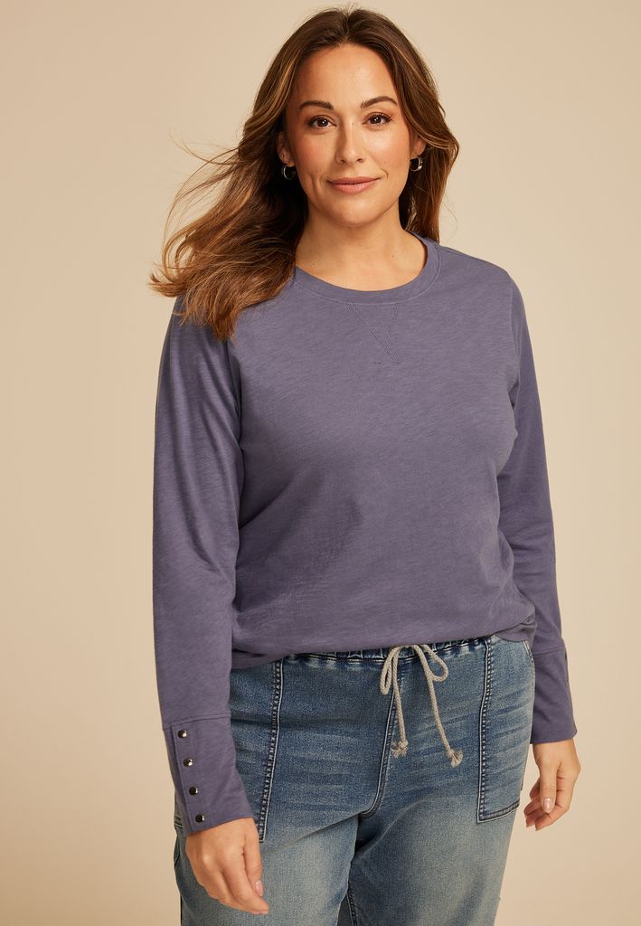 Plus Size Solid Long Sleeve Snap Button Cuff Top - Image 3