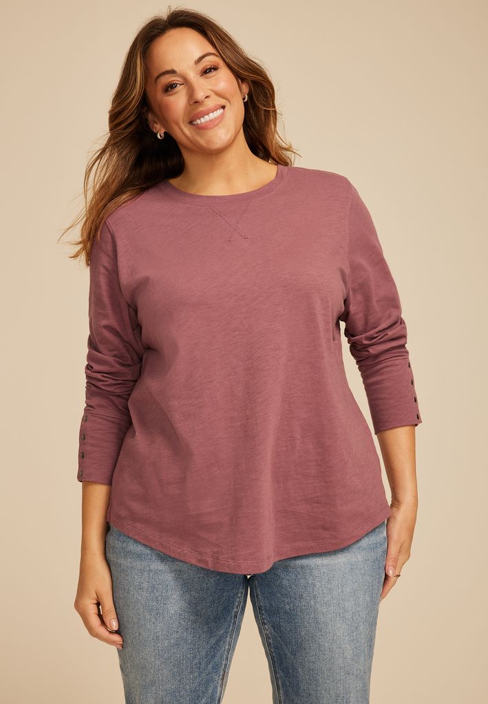 Plus Size Solid Long Sleeve Snap Button Cuff Top - Image 3