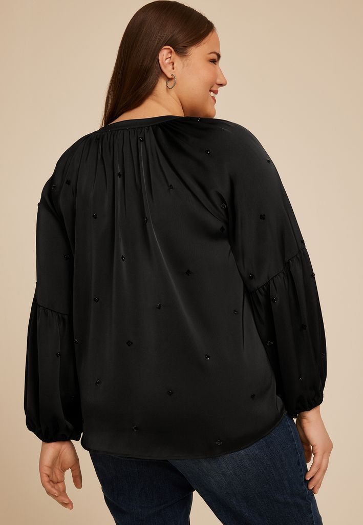 Plus Size Sequin Embellished Balloon Sleeve Blouse - Image 2
