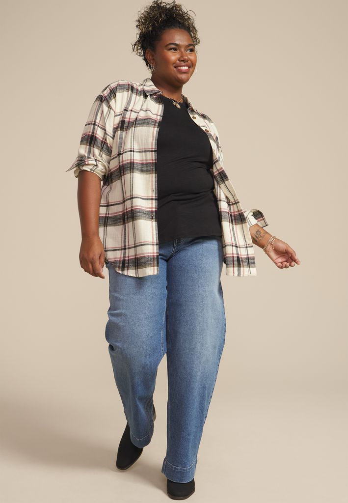 Plus Size Cabin Plaid Boyfriend Tunic Button Down Shirt - Image 3
