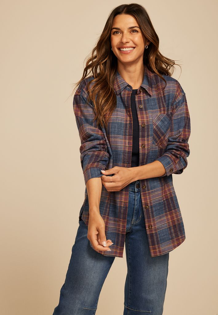 Cabin Plaid Boyfriend Tunic Button Down Shirt - Image 3