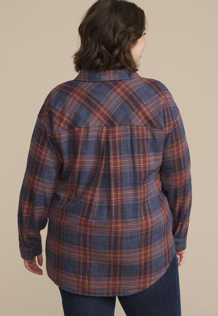 Plus Size Cabin Plaid Boyfriend Tunic Button Down Shirt - Image 2