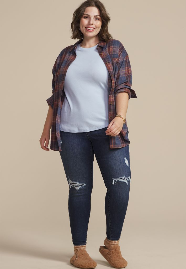 Plus Size Cabin Plaid Boyfriend Tunic Button Down Shirt - Image 3