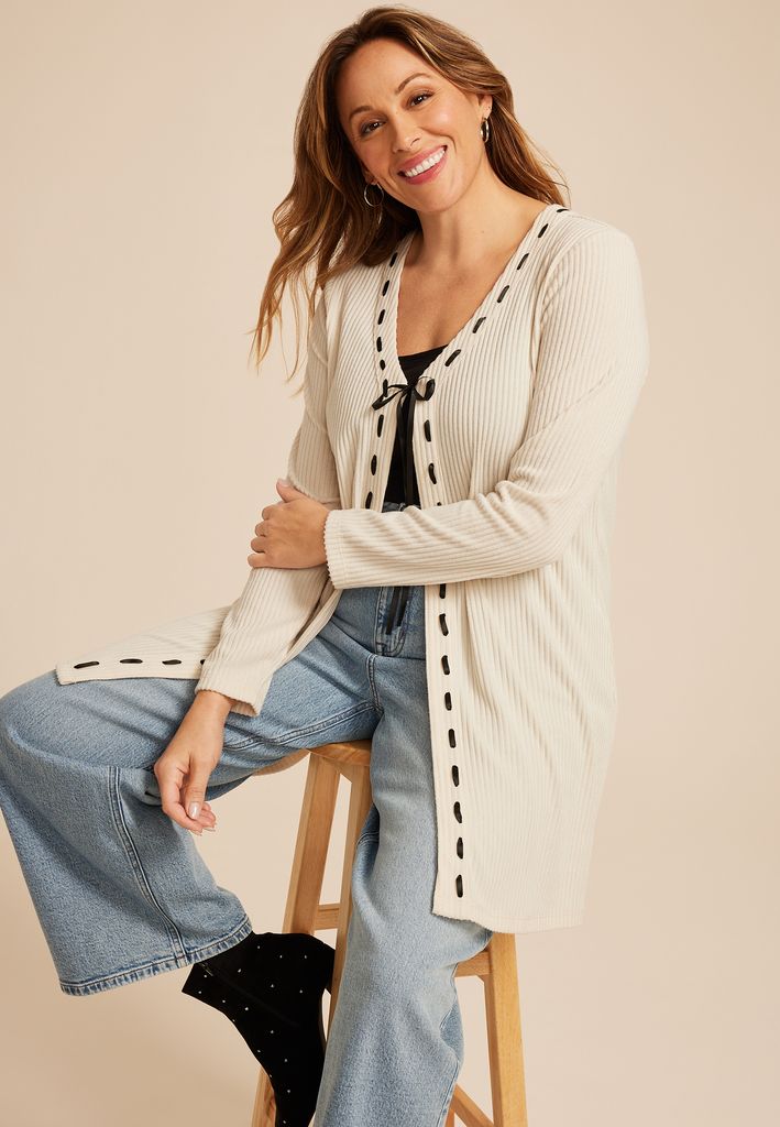 Plus Size Ribbed Bow Front Tie Cardigan - Image 3