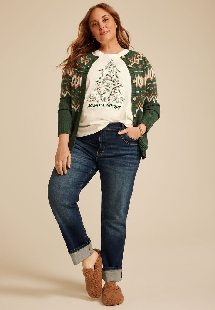 Plus Size Merry And Bright Embroidered Classic Fit Graphic Tee - Image 3