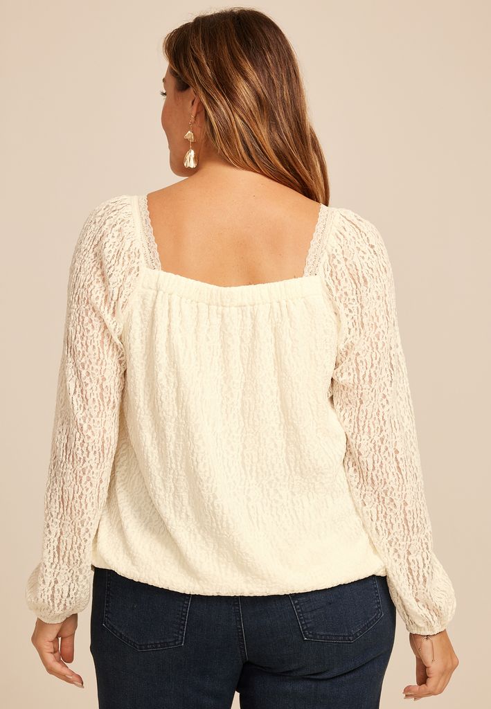Plus Size Satin Trim Lace Bubble Hem Blouse - Image 2