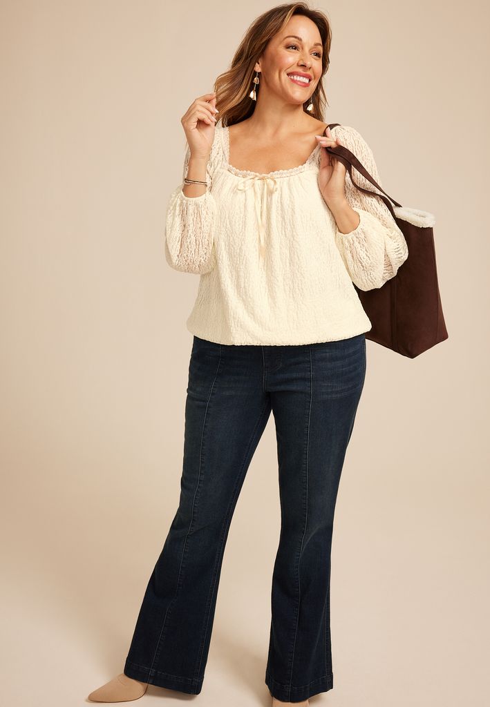 Plus Size Satin Trim Lace Bubble Hem Blouse - Image 3