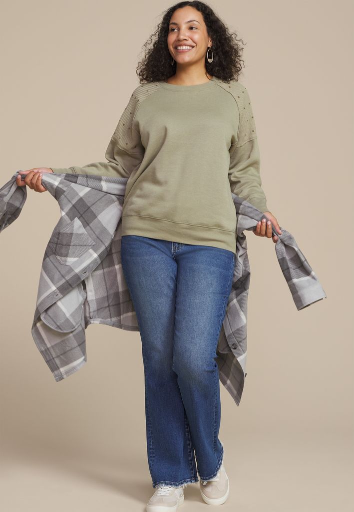 Plus Size Olive Embroidered Star Shoulder Sweatshirt - Image 3