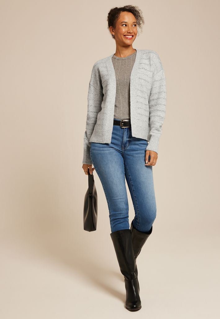 Tinsel Striped Eyelash Open Front Cardigan - Image 3