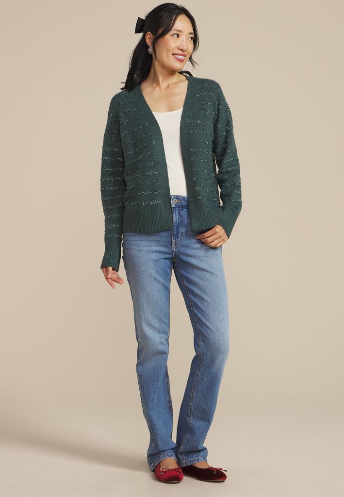 Tinsel Striped Eyelash Open Front Cardigan - Image 3