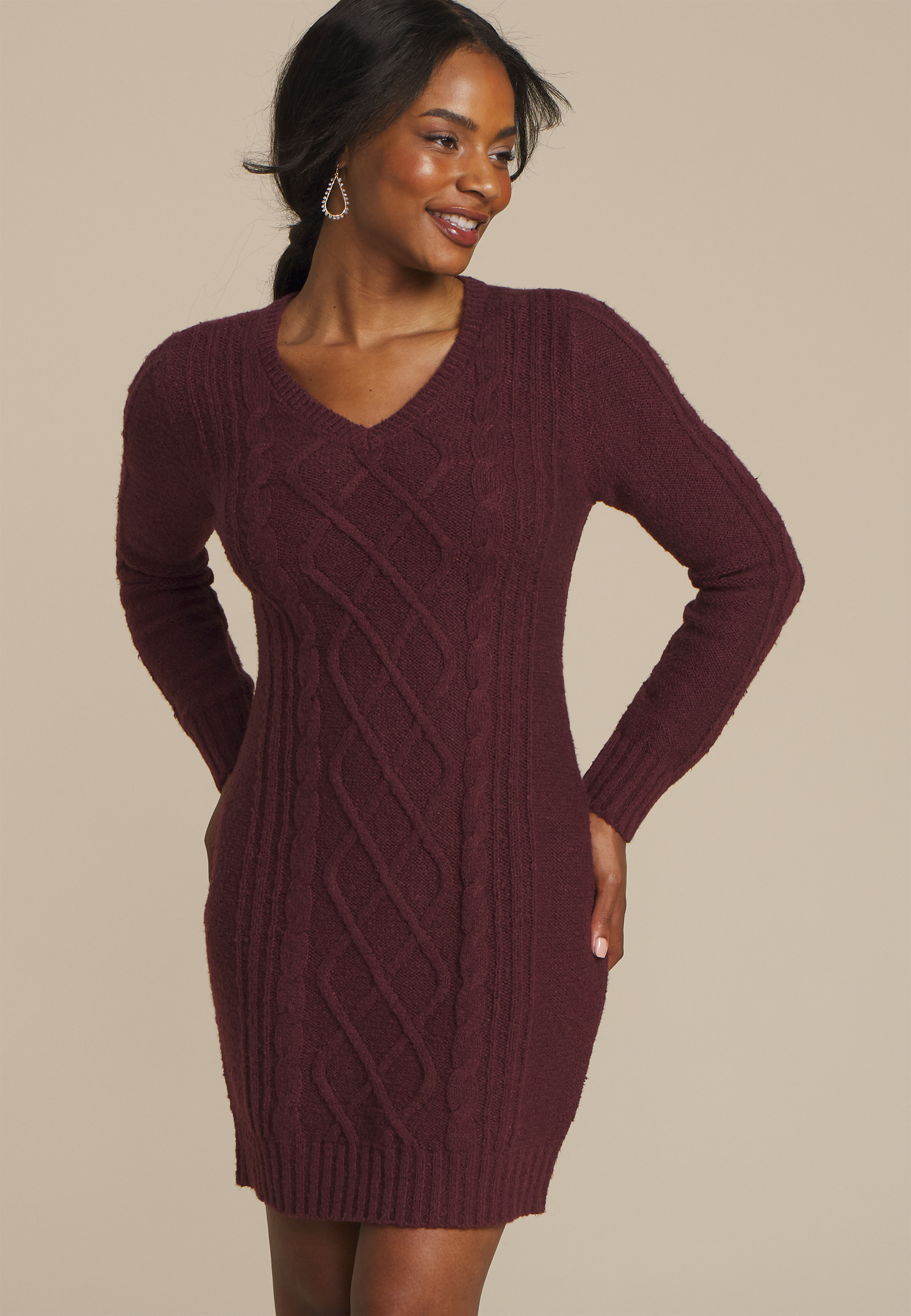 Cable Knit V Neck Sweater Dress - Image 3