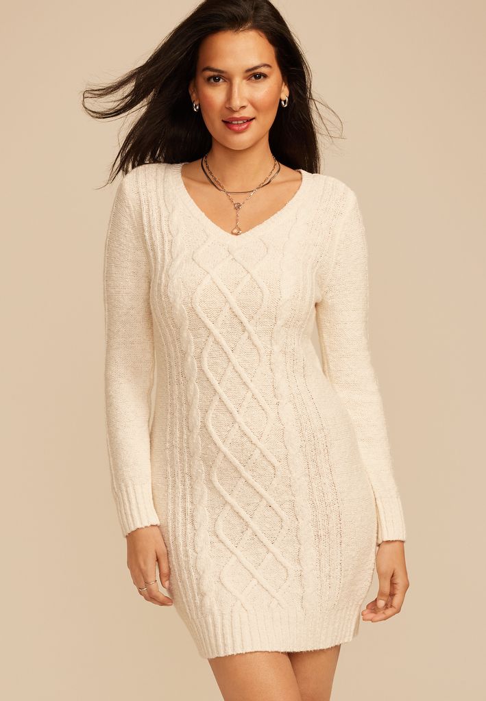 Cable Knit V Neck Sweater Dress - Image 3