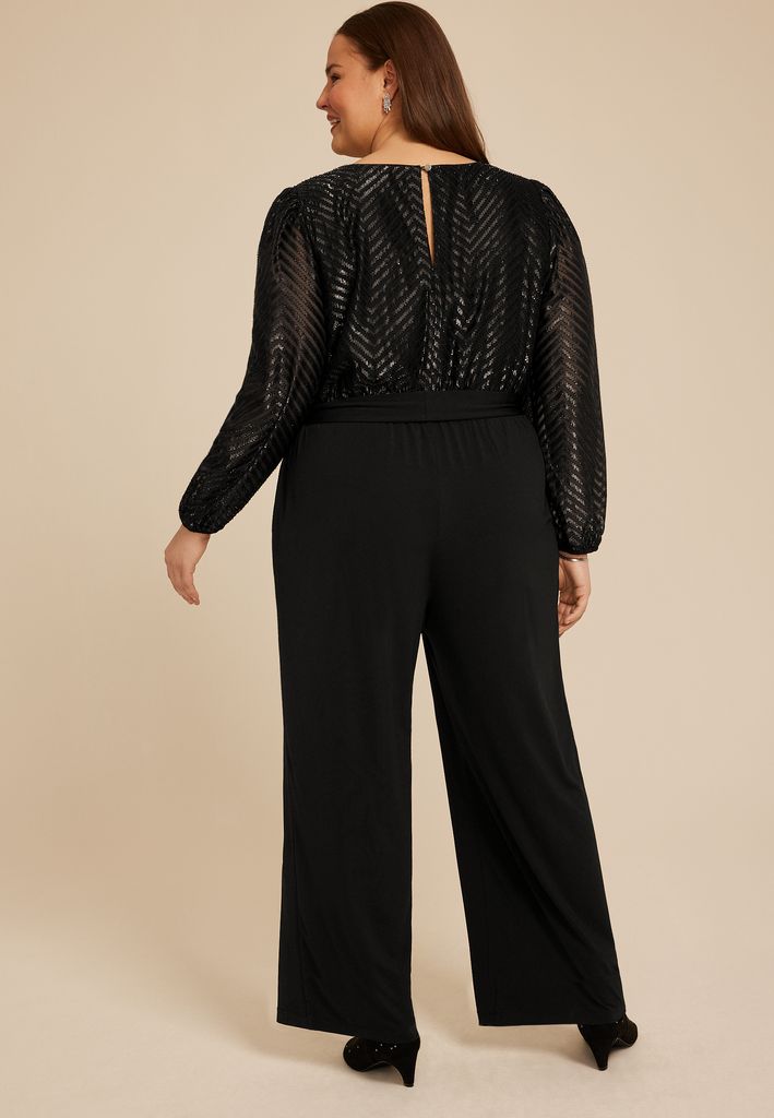 Plus Size Black Chevron Metallic Wrap Jumpsuit - Image 2