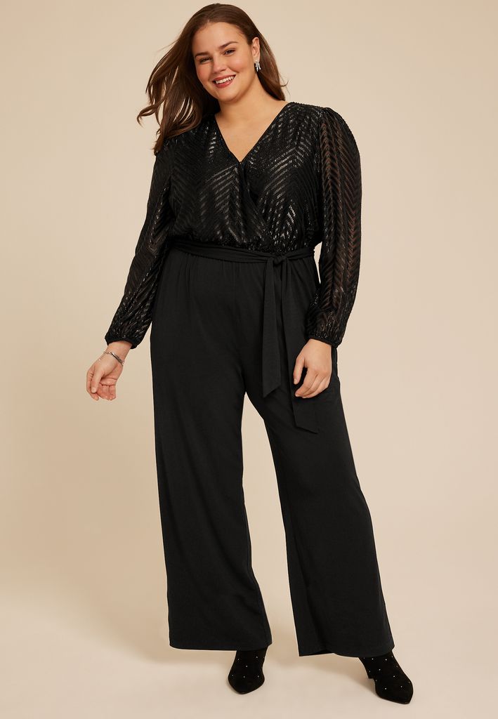 Plus Size Black Chevron Metallic Wrap Jumpsuit - Image 3
