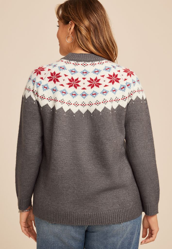 Plus Size Gray Fair Isle Crew Neck Sweater - Image 2