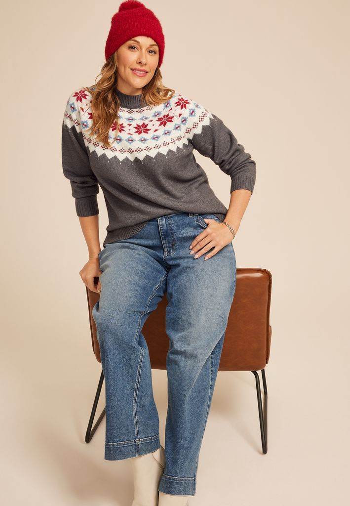 Plus Size Gray Fair Isle Crew Neck Sweater - Image 3