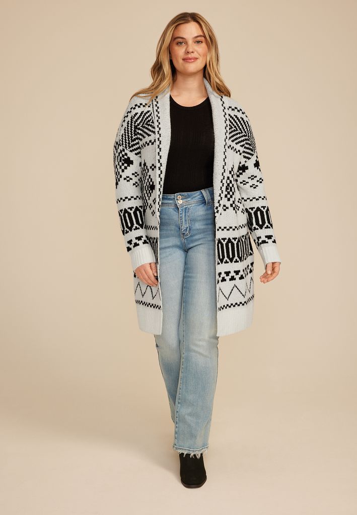 Plus Size Black and White Fair Isle Shawl Cardigan - Image 3