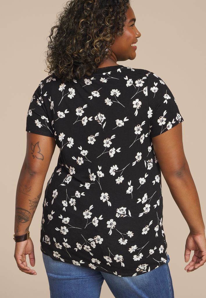 Plus Size 24/7 Mesh Trim Floral V Neck Tee - Image 2