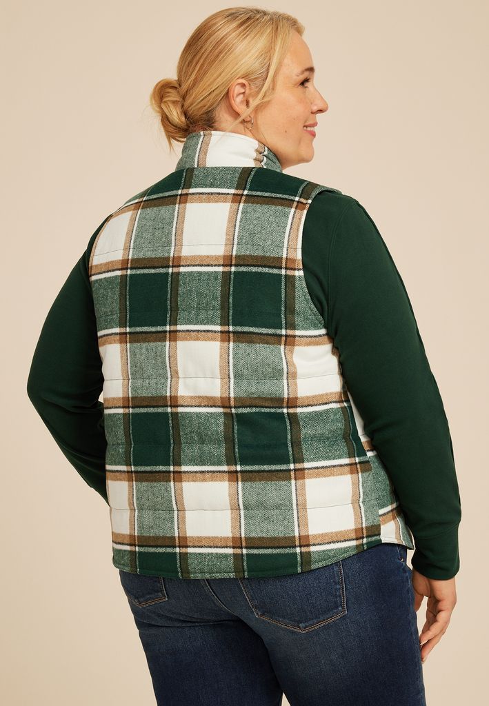 Plus Size Green Plaid Puffer Vest - Image 2