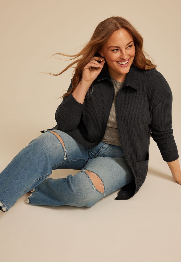 Plus Size Cozy Waffle Zip Jacket - Image 3