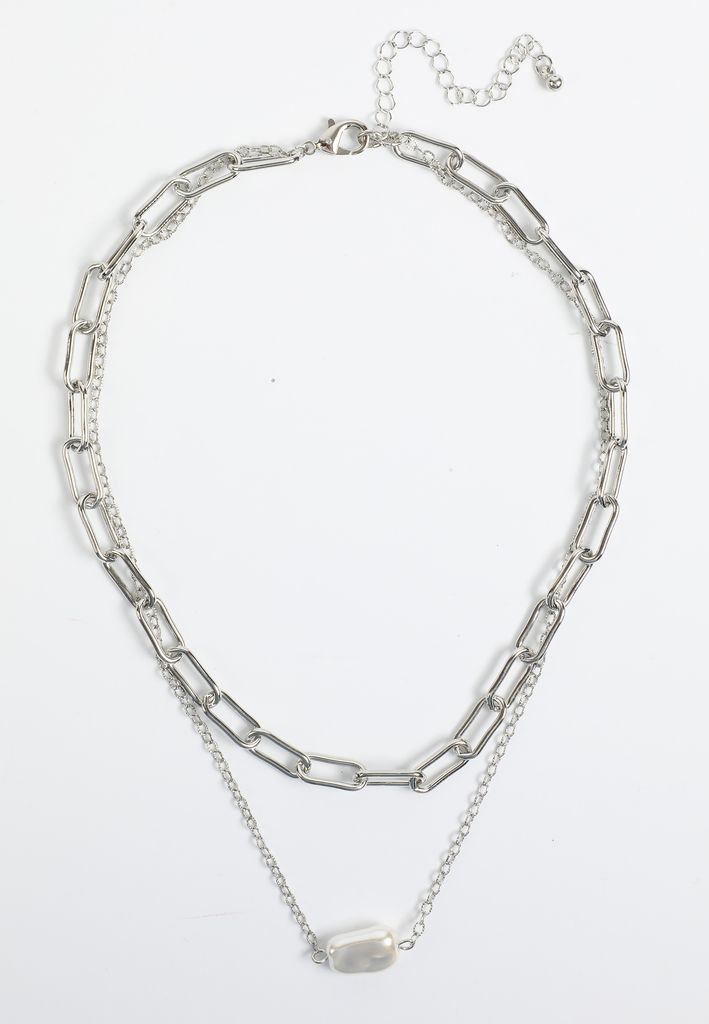 Silver Hammered Pearl Double Layered Necklace - Image 3