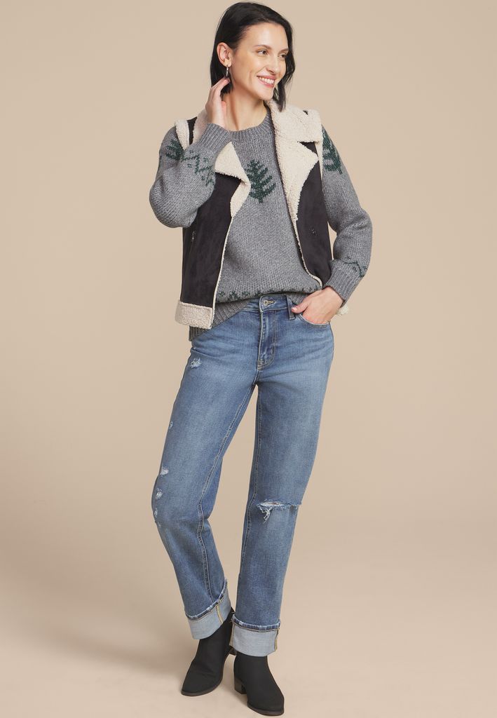 Gray Metallic Tree Fair Isle Crew Neck Sweater - Image 3