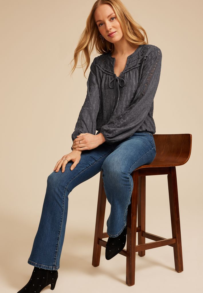 Gray Textured Peasant Blouse - Image 3