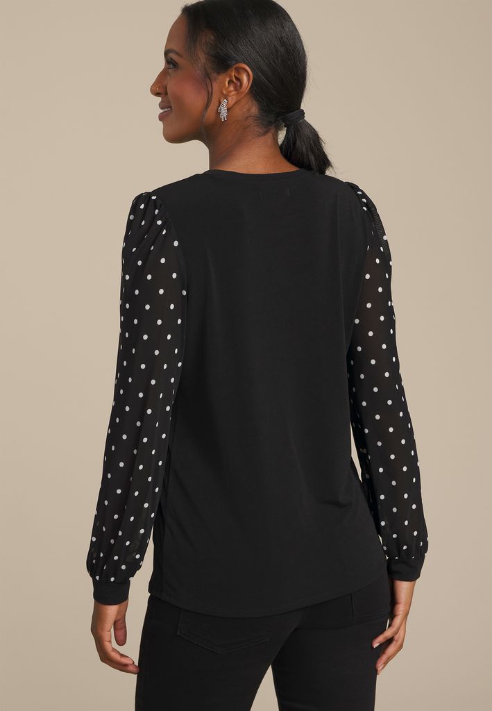 Black Polka Dot Mesh Puff Sleeves Top - Image 2