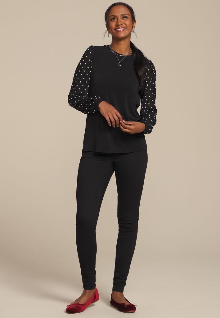 Black Polka Dot Mesh Puff Sleeves Top - Image 3