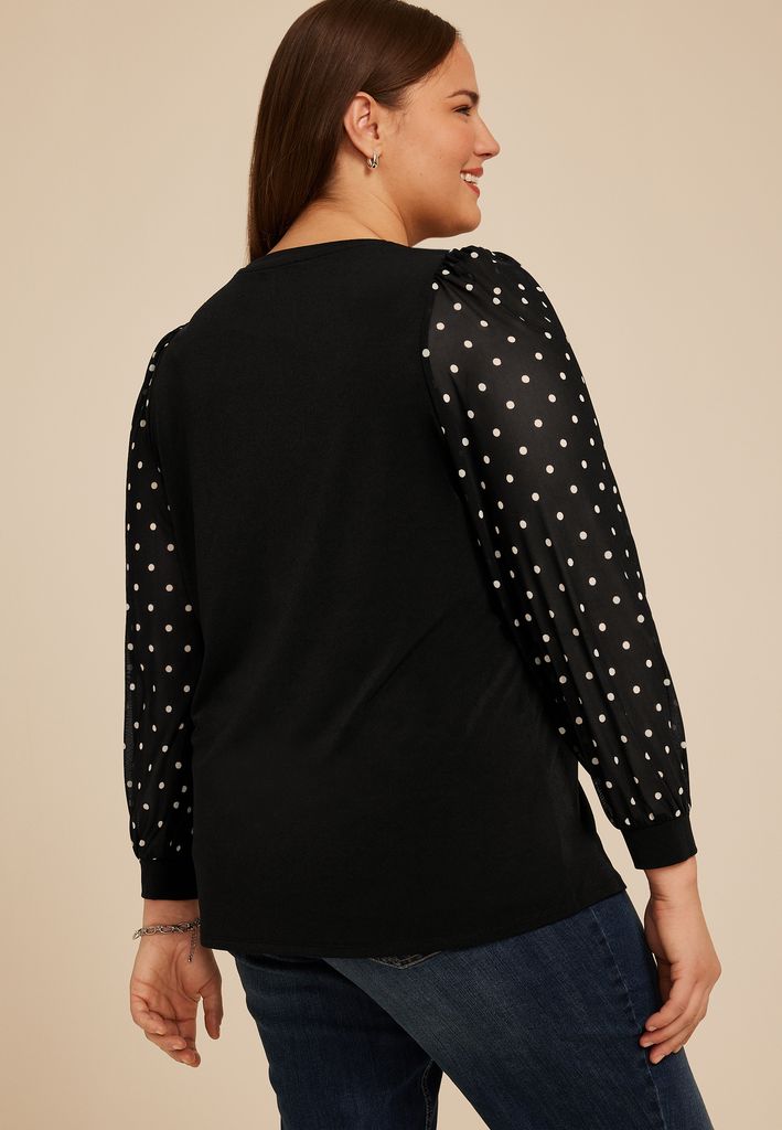 Plus Size Black Polka Dot Mesh Puff Sleeves Top - Image 2