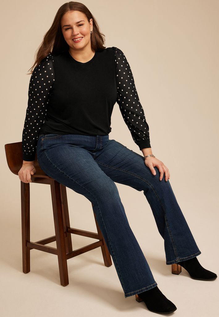 Plus Size Black Polka Dot Mesh Puff Sleeves Top - Image 3