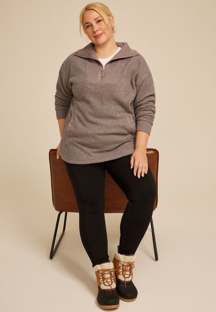 Plus Size Quarter Zip Sherpa Tunic Sweatshirt - Image 3